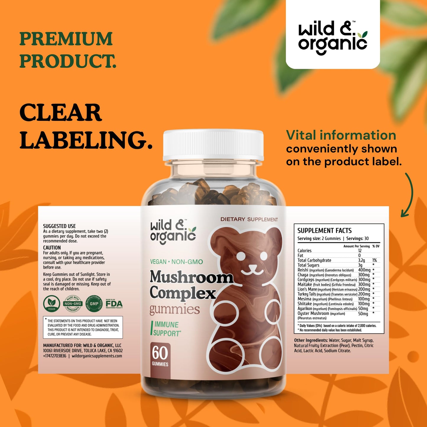 Wild & Organic Mushroom Gummies – 10-Mushroom Complex, Immune & Brain Support (60 Count Pack of 2)