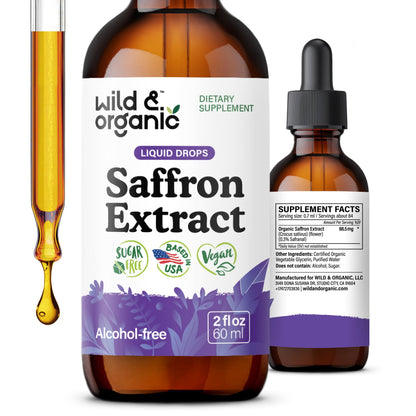 Wild & Organic Saffron Drops - 88.5 mg Saffron Supplement for Mood, Brain, Vision Support - Crocus Sativus Liquid Extract - Vegan, Sugar & Alcohol-Free Tincture - 2 fl oz