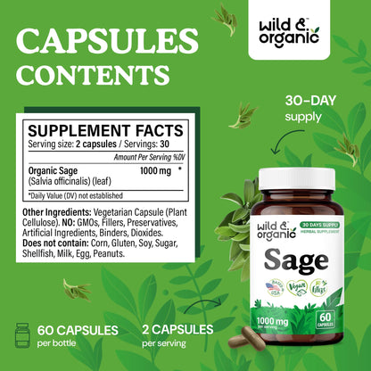 Wild & Organic Sage Capsules — 1000 mg Sage per Serving | Brain & Digestive Support