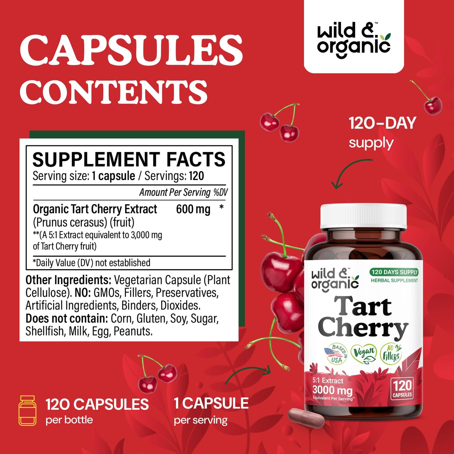 Wild & Organic Tart Cherry Capsules 600 mg – Uric Acid Support | 120-Day Supply | Vegan, Non-GMO