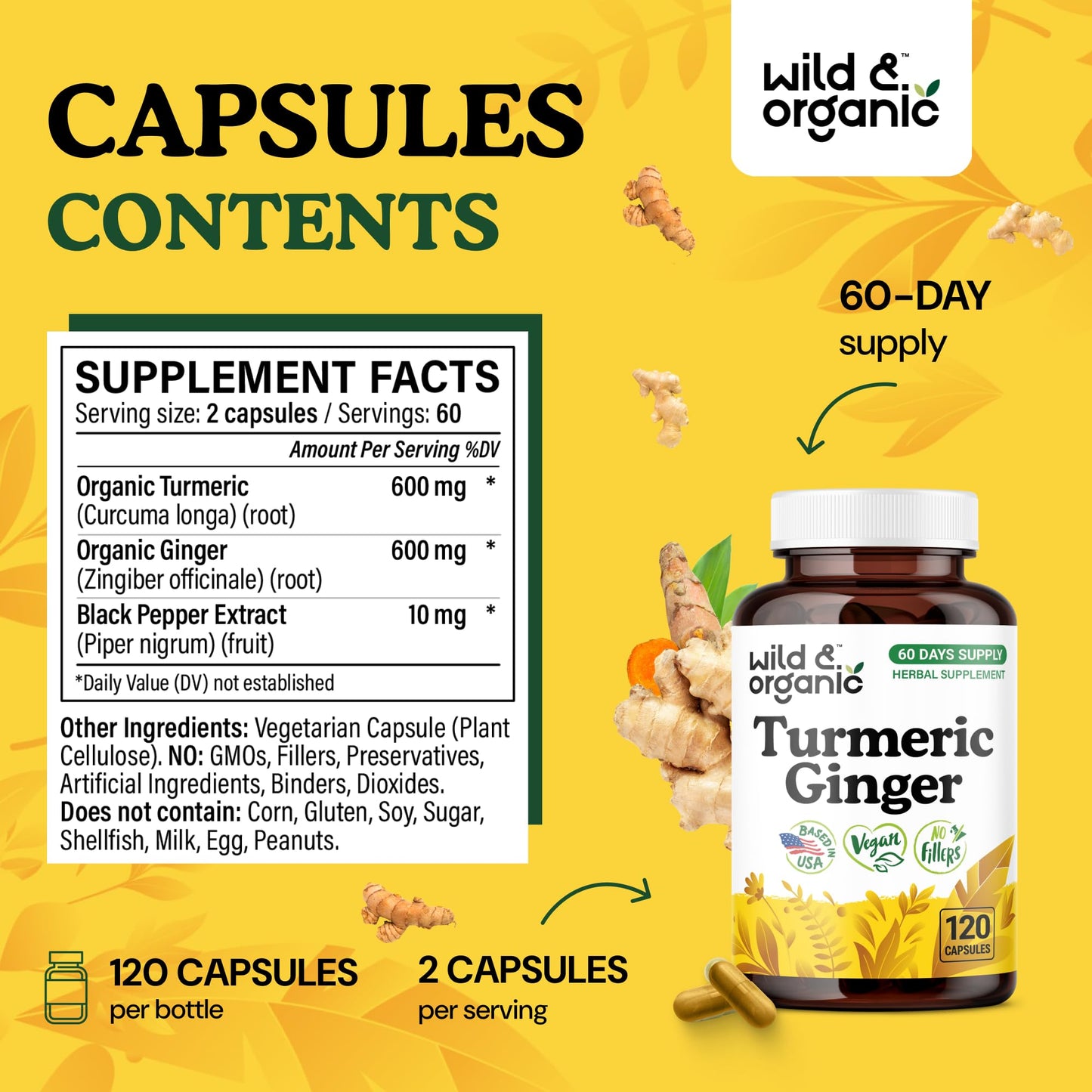 Wild & Organic Turmeric & Ginger Capsules – Mobility & Immune Support, Black Pepper, 120 Count (60 Days) – Vegan, Non-GMO