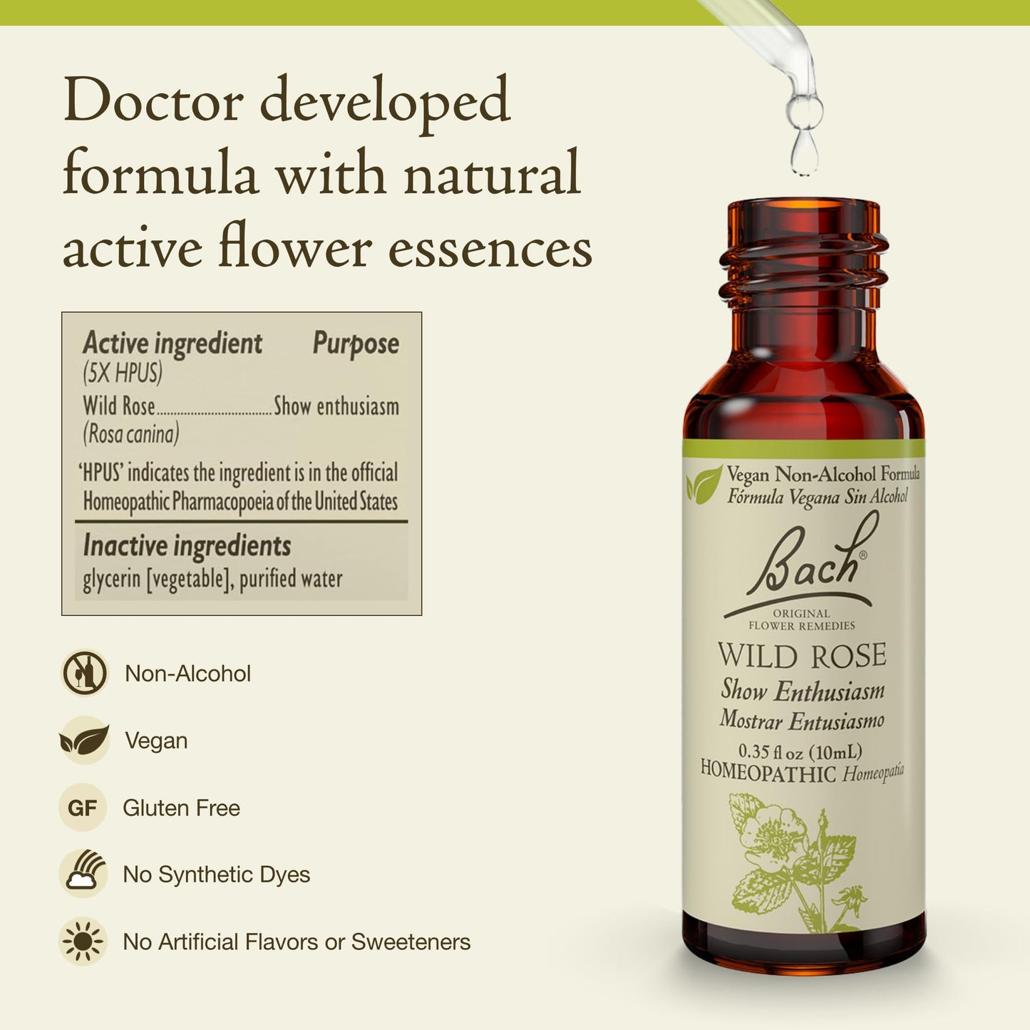 Bach Original Flower Remedies: Wild Rose (Non-Alcohol) – Enthusiasm & Emotional Balance | Vegan, Gluten Free, Sugar Free | 10mL
