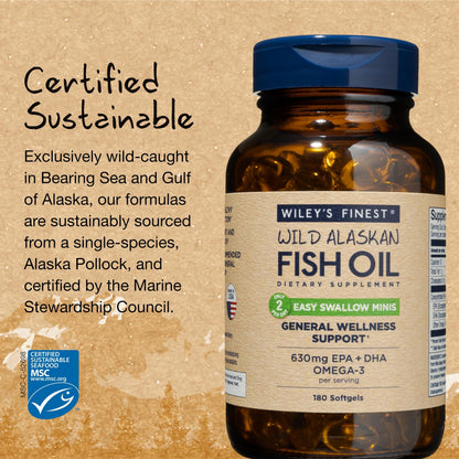 Wiley's Finest Wild Alaskan Fish Oil Easy Swallow Minis — 630mg EPA/DHA, 180 Mini Softgels (90 Servings)