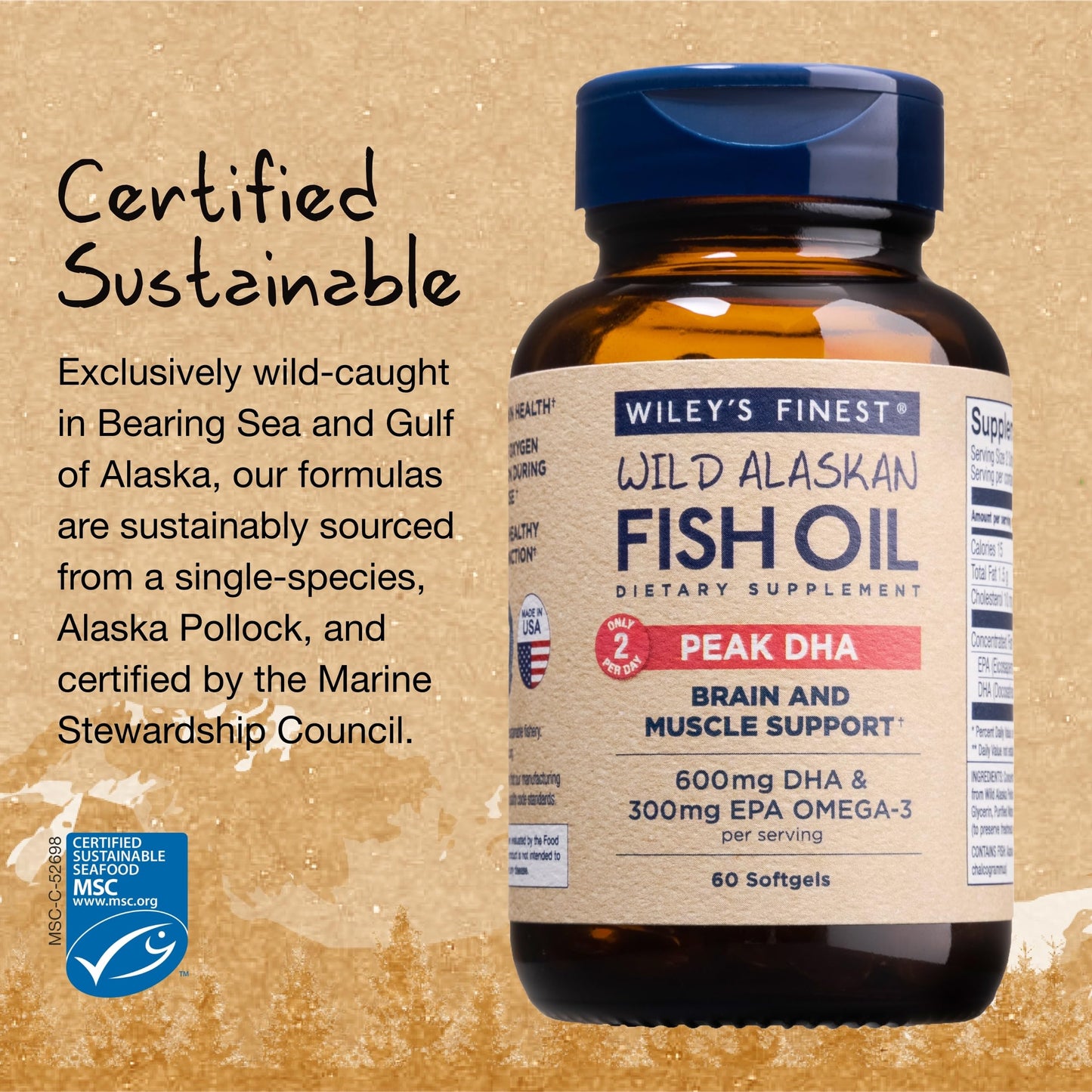 Wiley's Finest Wild Alaskan Fish Oil Peak DHA - 900mg Omega-3s - 60 Softgels (30 Servings)