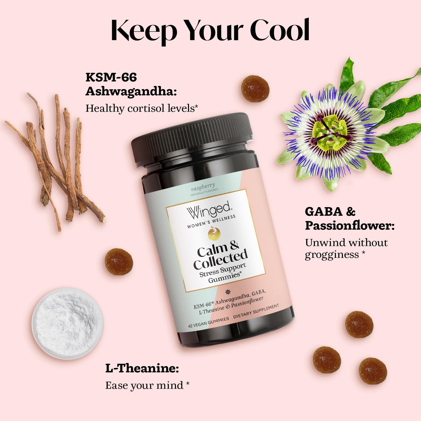 Winged Wellness Calm & Collected Gummies – Stress Support (KSM-66, L-Theanine, GABA) – Vegan & Gluten-Free Raspberry 42 Count
