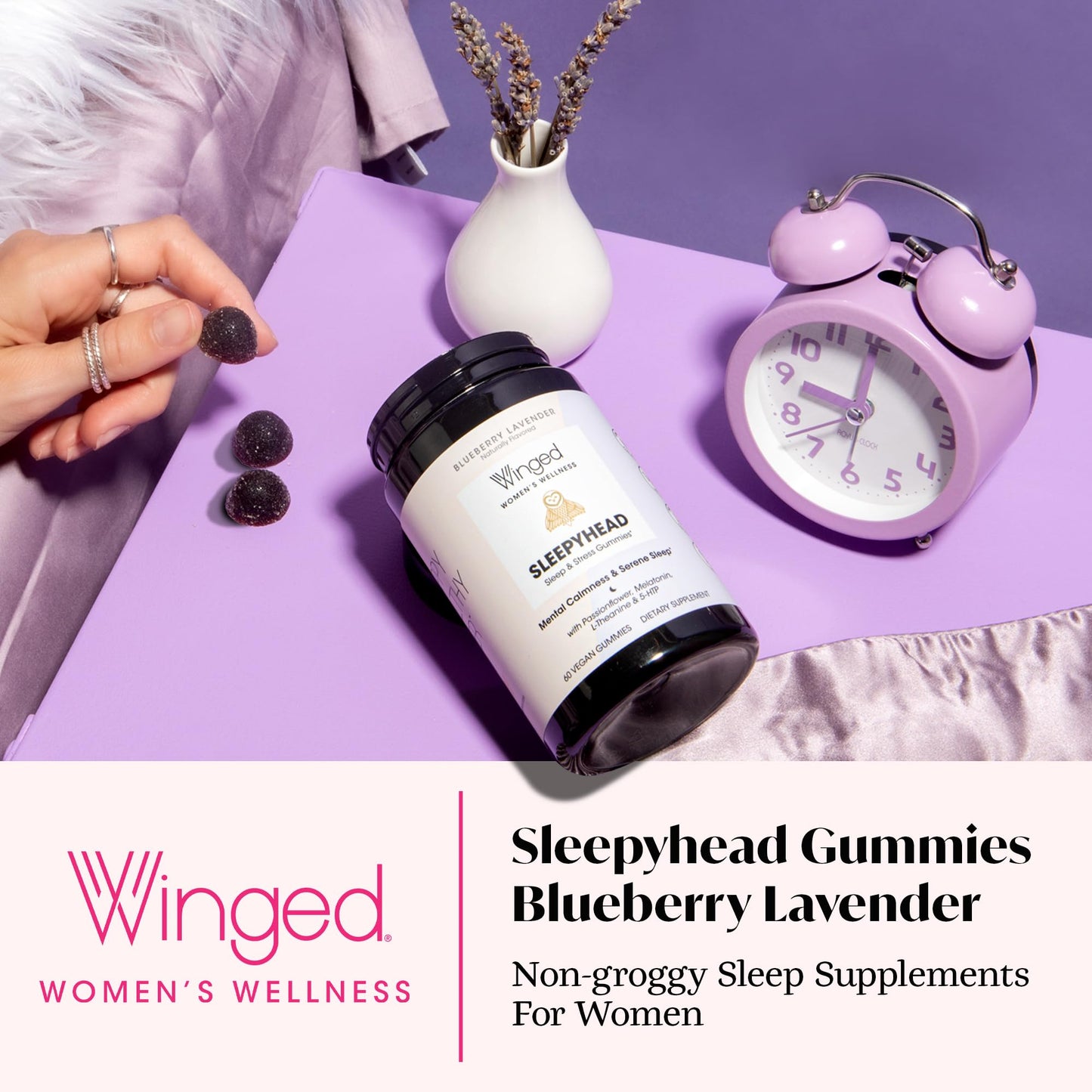 Winged Wellness Sleepyhead Gummies for Women – 3mg Melatonin Sleep Support, Blueberry Lavender, 30 Servings