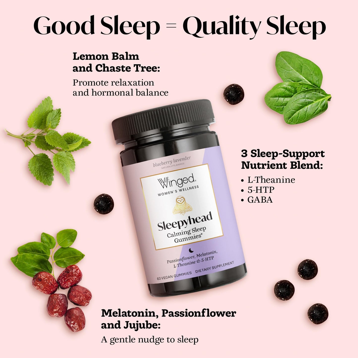 Winged Wellness Sleepyhead Gummies for Women – 3mg Melatonin Sleep Support, Blueberry Lavender, 30 Servings