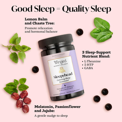 Winged Wellness Sleepyhead Gummies for Women – 3mg Melatonin Sleep Support, Blueberry Lavender, 30 Servings
