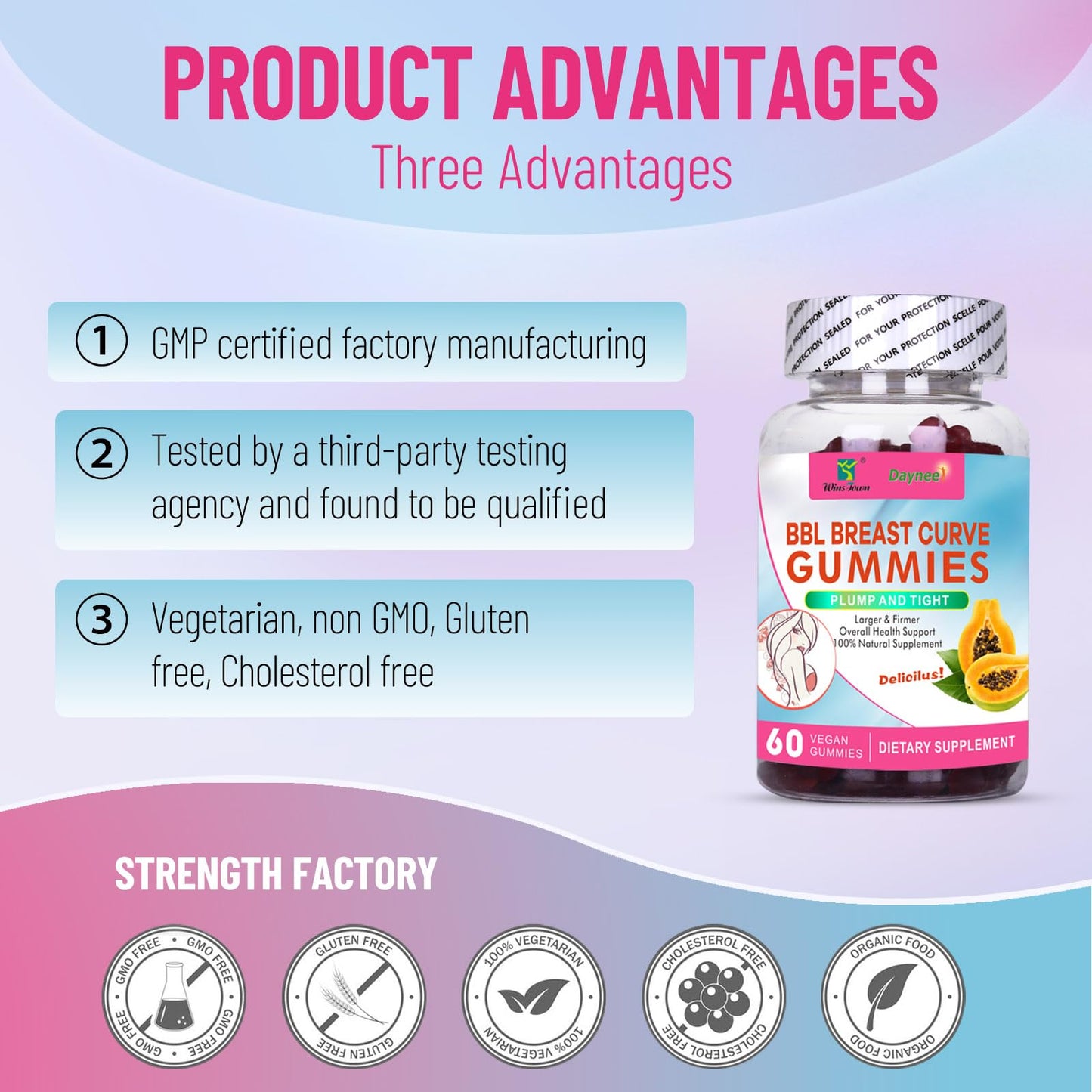 Wins Town BBL Chest Curve Gummies – Breast & Buttock Lift Supplements, Larger, Firming & Lifting, 60 Count
