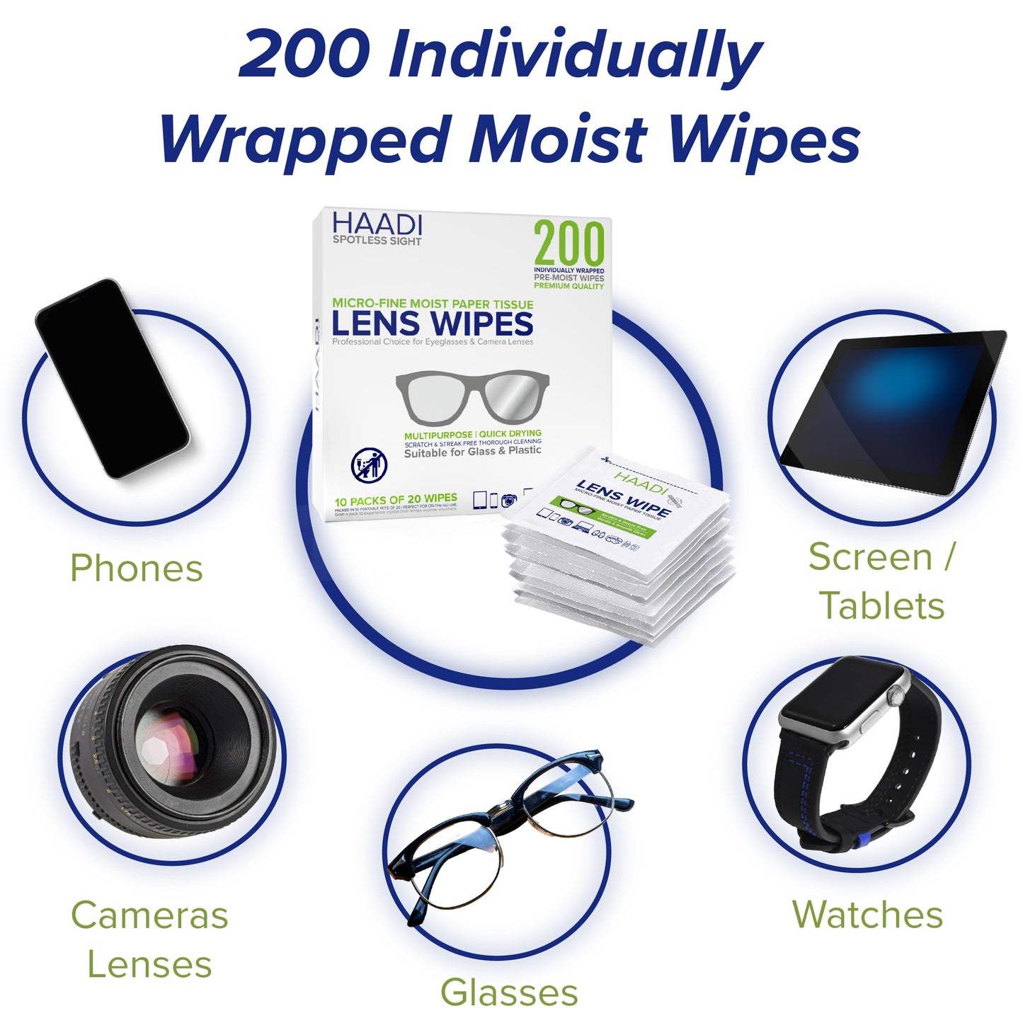 Glasses Cleaner Wipes – 200 Individually Wrapped, Pre-Moistened Lenses Wipes for Eyeglasses, Cameras, Binoculars & Screens