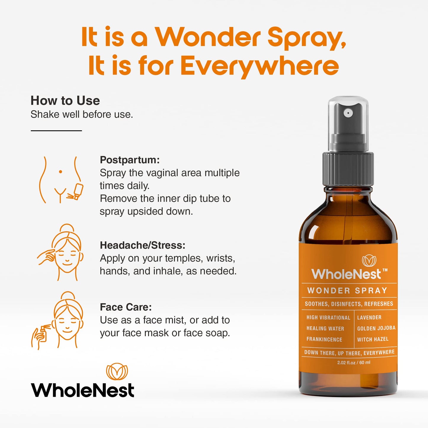 WholeNest Wonder Spray – All-Natural Perineal Care for Postpartum & Birth Recovery (60 ml)