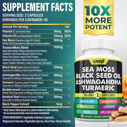 Wixar Sea Moss 3000mg with Black Seed Oil, Ashwagandha, Turmeric 1000mg & More - 90 Capsules