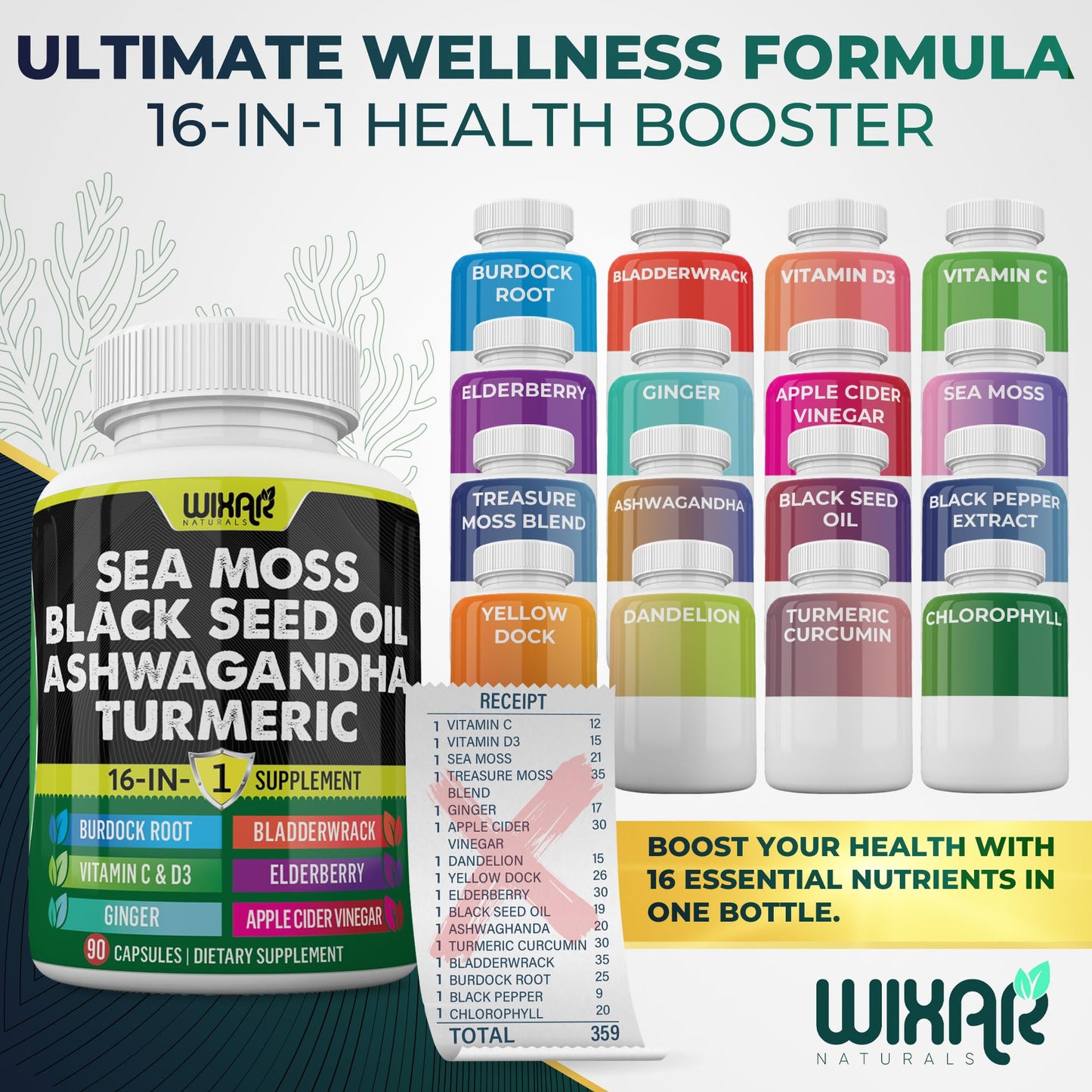 Wixar Sea Moss 3000mg with Black Seed Oil, Ashwagandha, Turmeric 1000mg & More - 90 Capsules