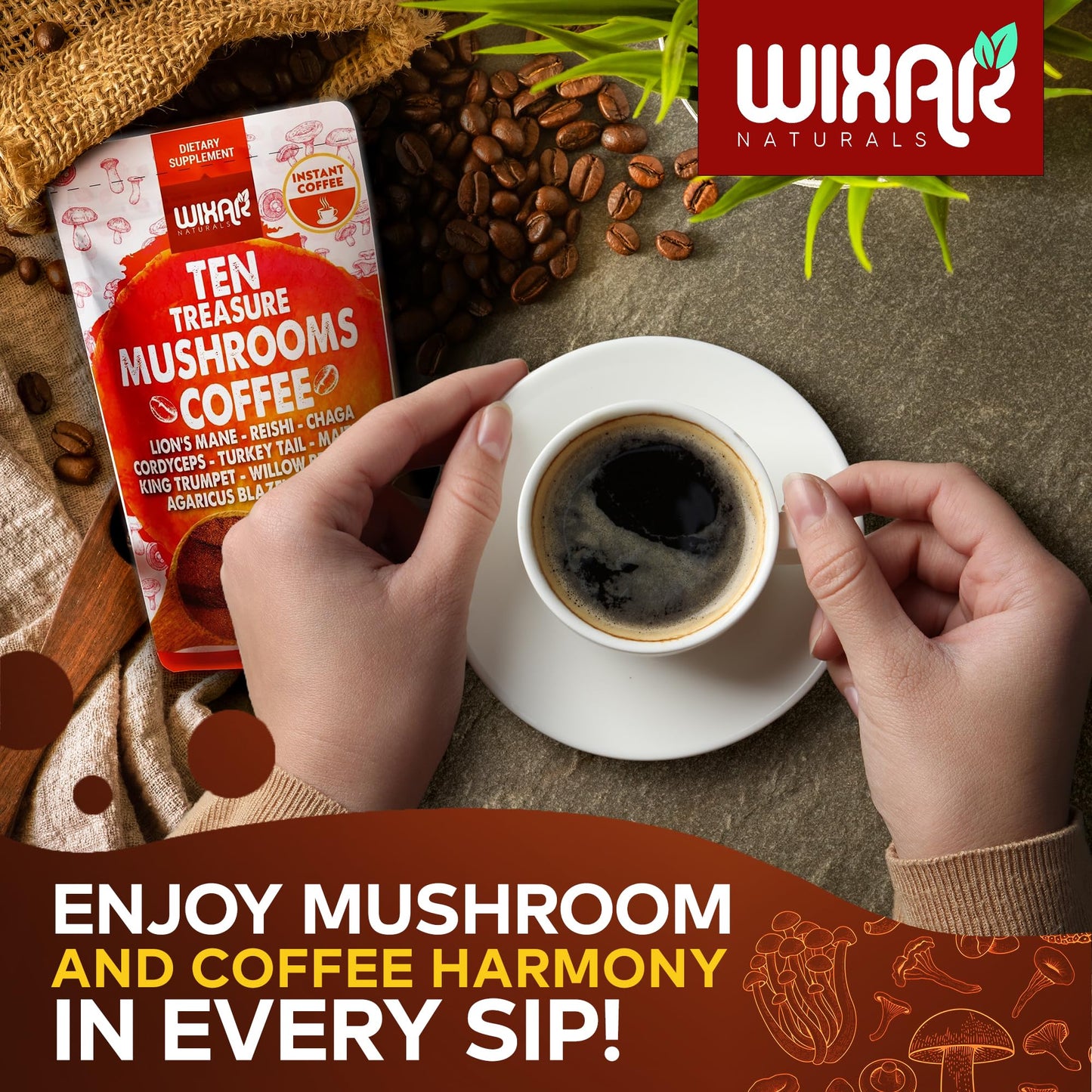 Wixar Mushroom Coffee Blend - Ten-Treasure Mushroom Instant Coffee Powder (5oz)