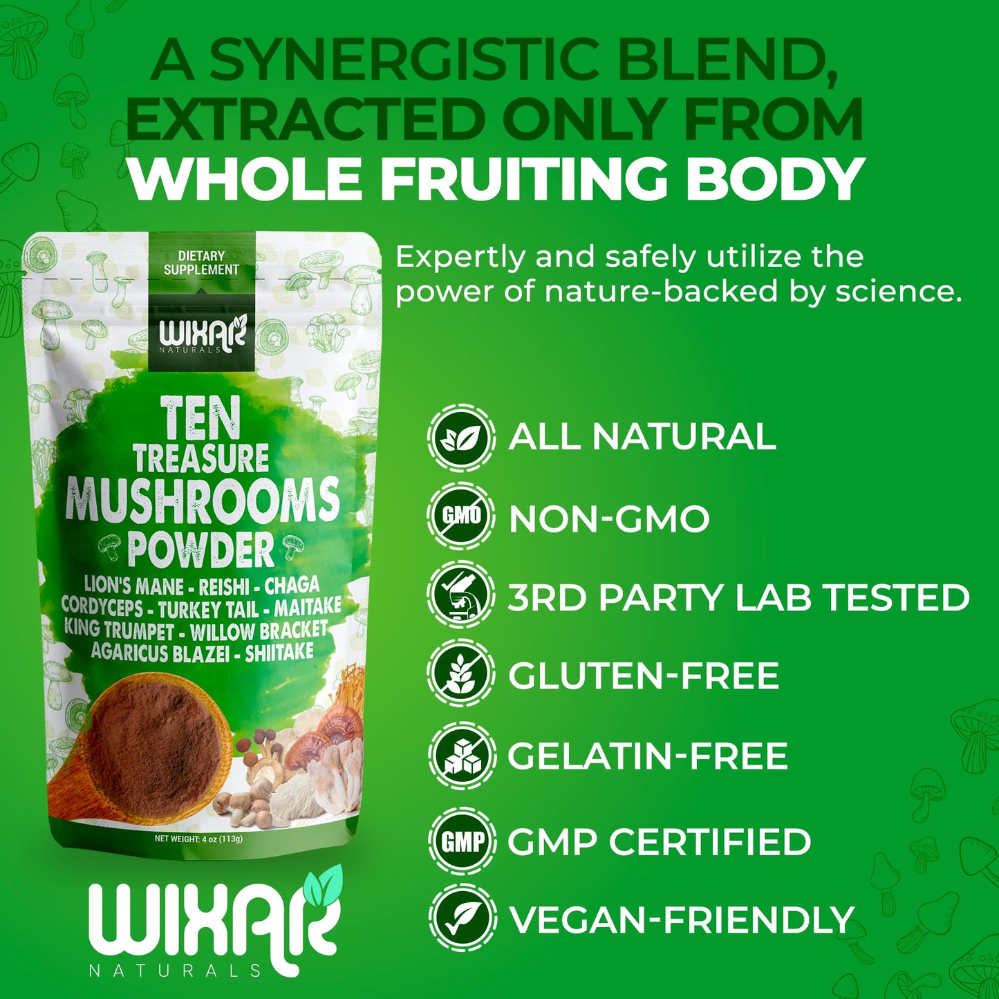 Wixar Mushroom Powder - Ten Treasure Mushrooms 4oz Supplement for Coffee & Smoothies