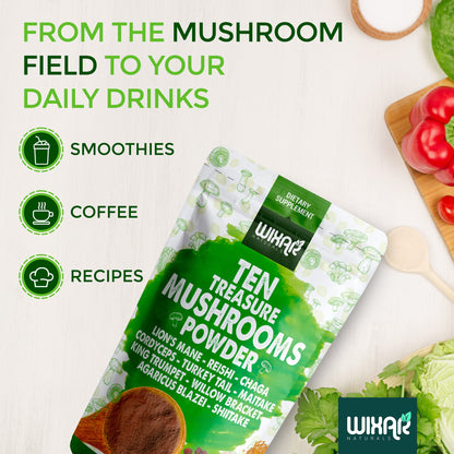 Wixar Mushroom Powder - Ten Treasure Mushrooms 4oz Supplement for Coffee & Smoothies