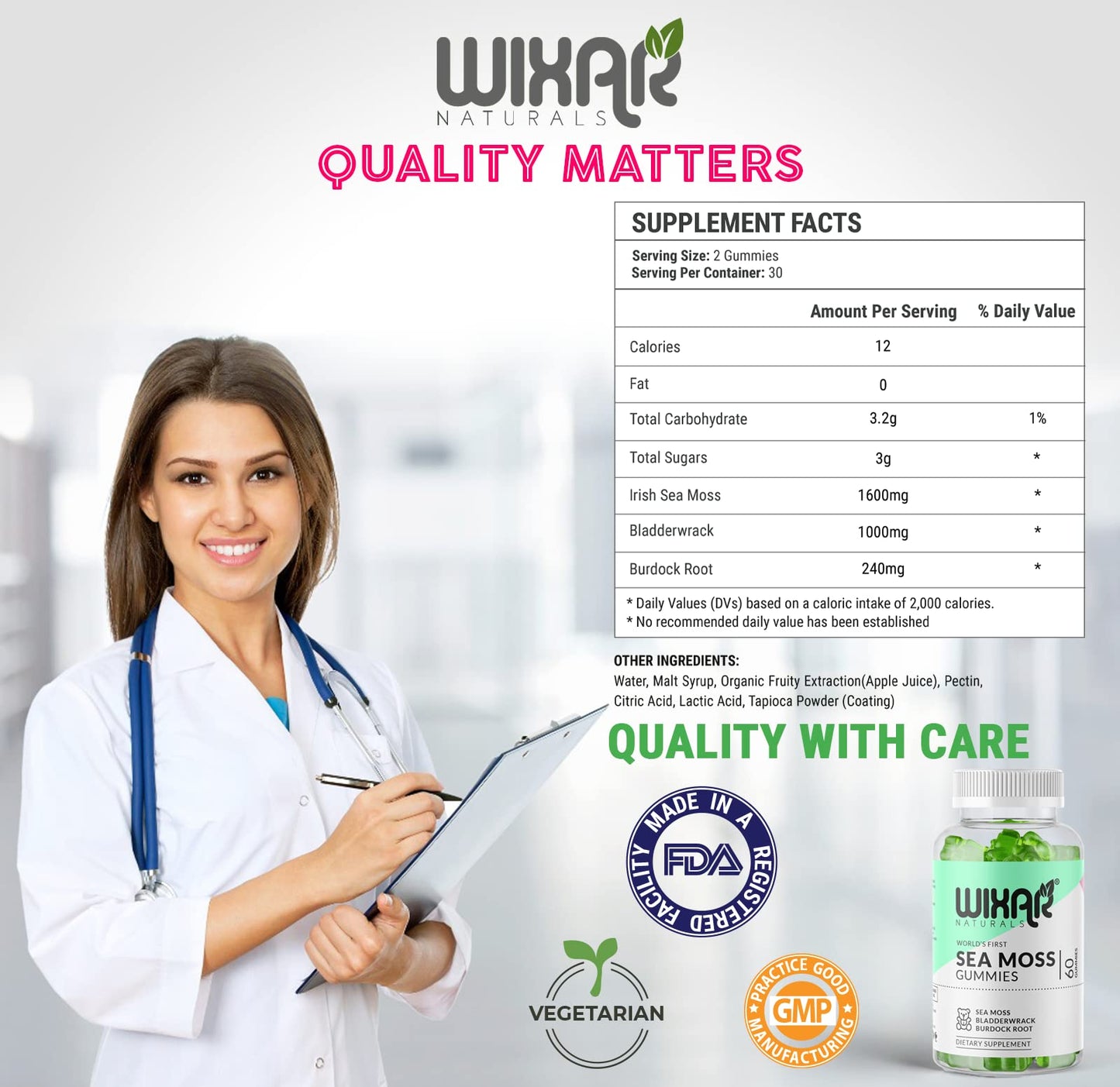 Wixar Naturals Sea Moss Gummies – Irish Sea Moss, Bladderwrack & Burdock – 60 Gummies – Vegan