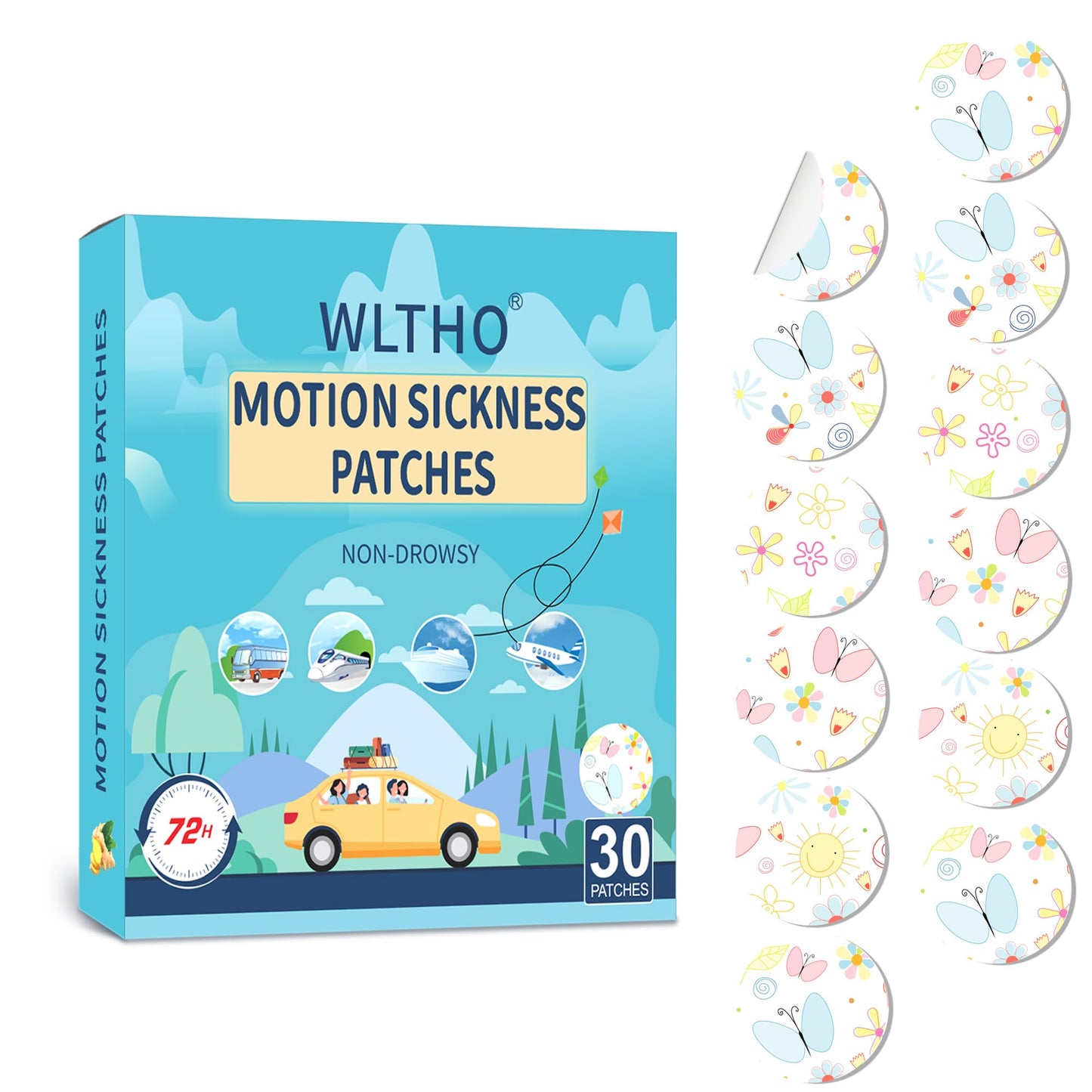 WLTHO 30ct Motion Sickness Patches – Non-Drowsy, Waterproof Behind-Ear Patches (72H)