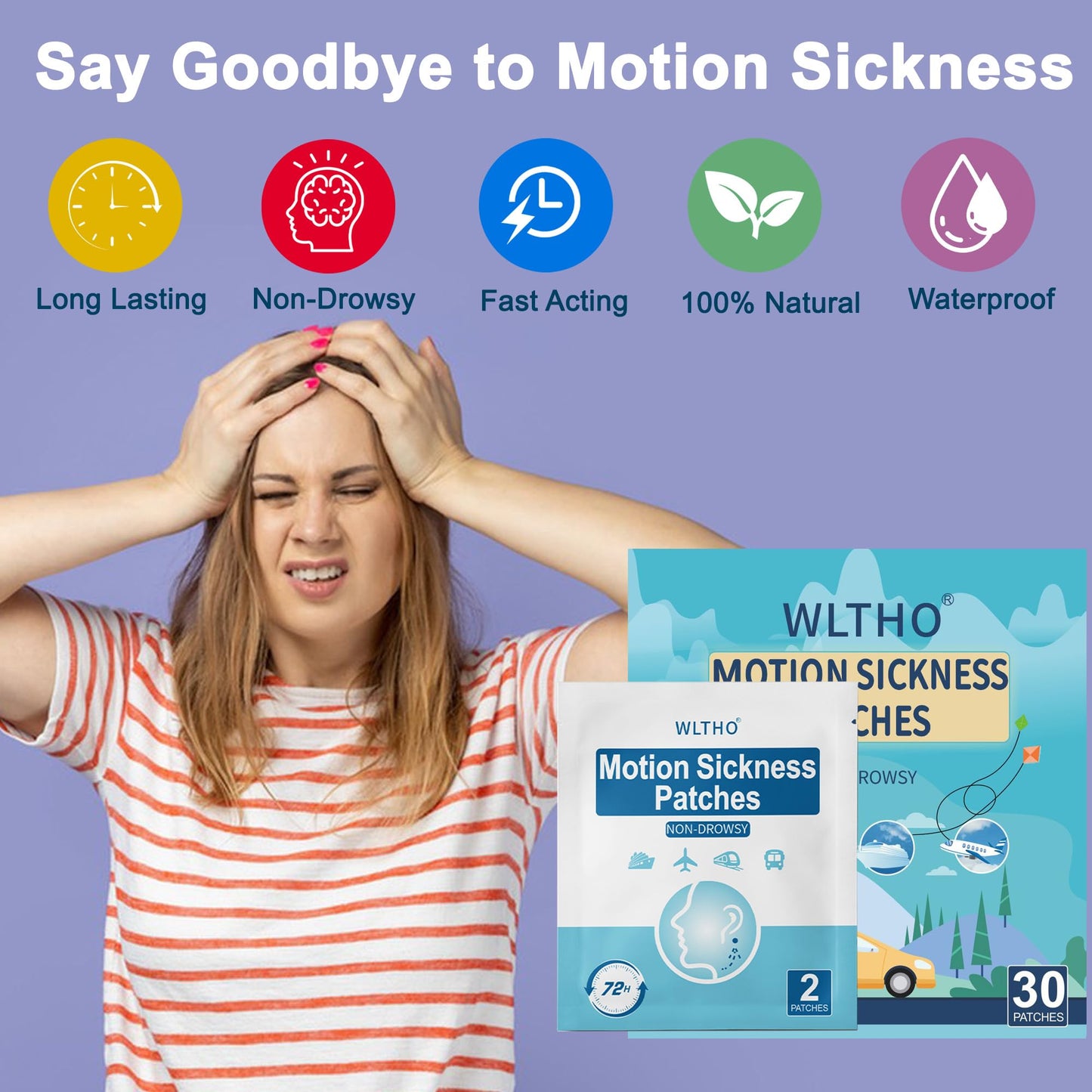 WLTHO 30ct Motion Sickness Patches – Non-Drowsy, Waterproof, 72H Coverage