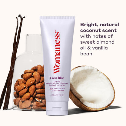 Womaness Coco Bliss Feminine Moisturizer for Dryness - Hydrating Coconut, Non-Sticky Body & Intimate Moisturizer 4oz