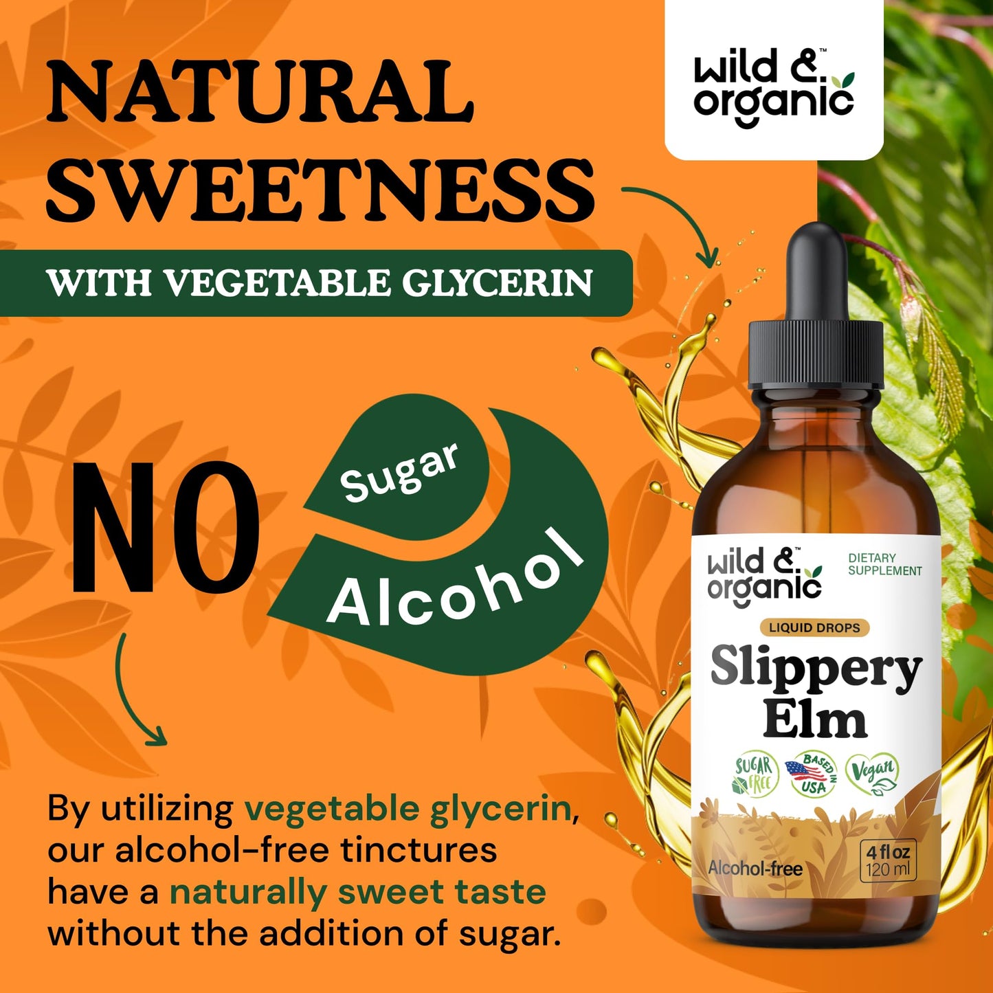 Wild & Organic Slippery Elm Liquid Drops - Lung, Digestive & Women's Support - Slippery Elm Bark Extract Tincture - Ulmus Rubra Supplement - Vegan, Sugar & Alcohol-Free - 4 fl oz