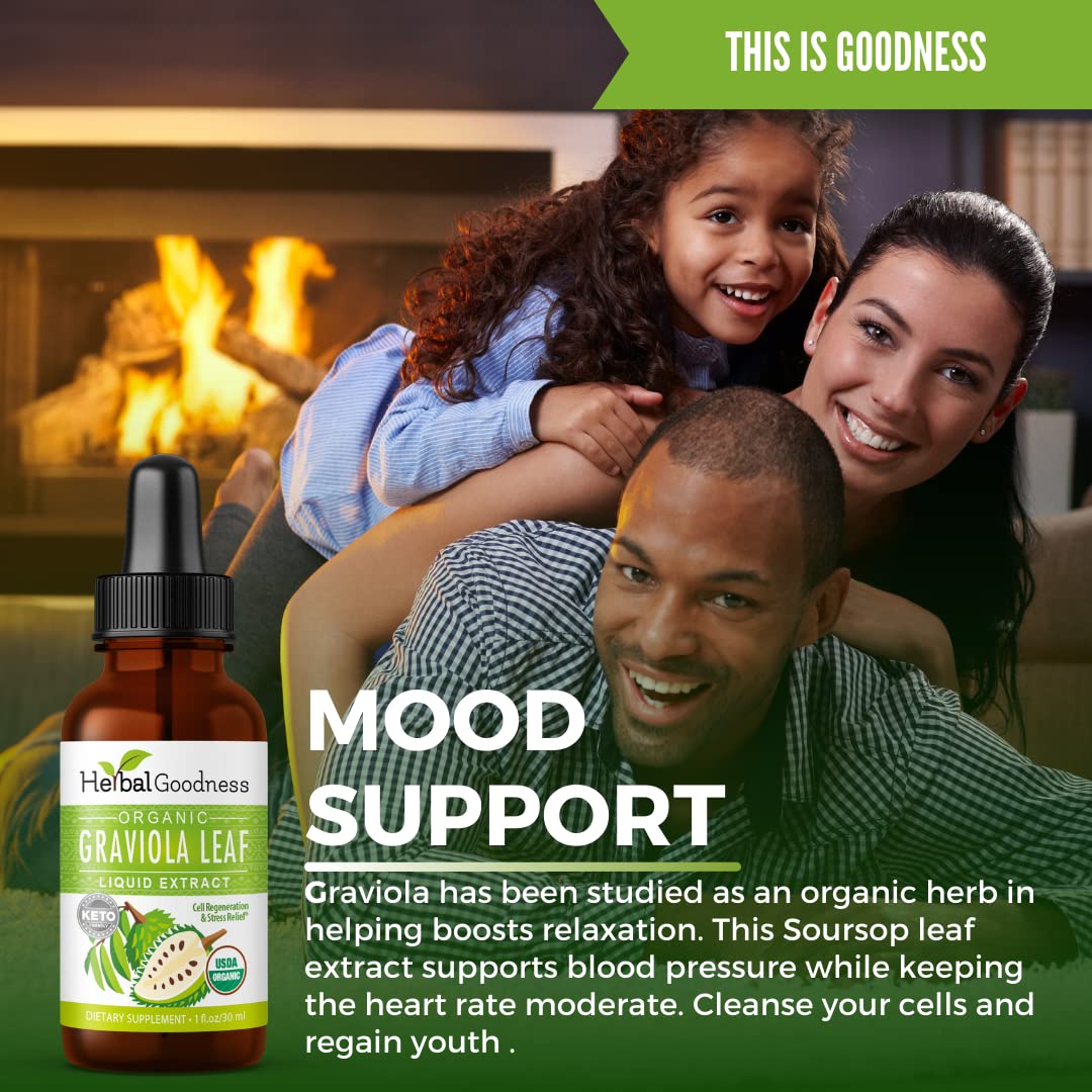 Herbal Goodness Organic Soursop Graviola Leaf Extract 1oz – 15X Concentrated Tincture | USDA Organic & Kosher