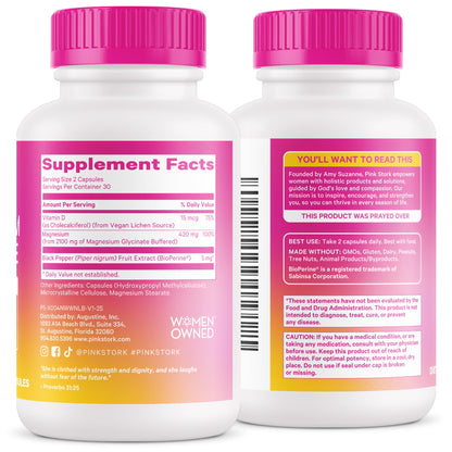 Pink Stork Magnesium Glycinate with Vitamin D for Women | 60 Capsules Berry Essence