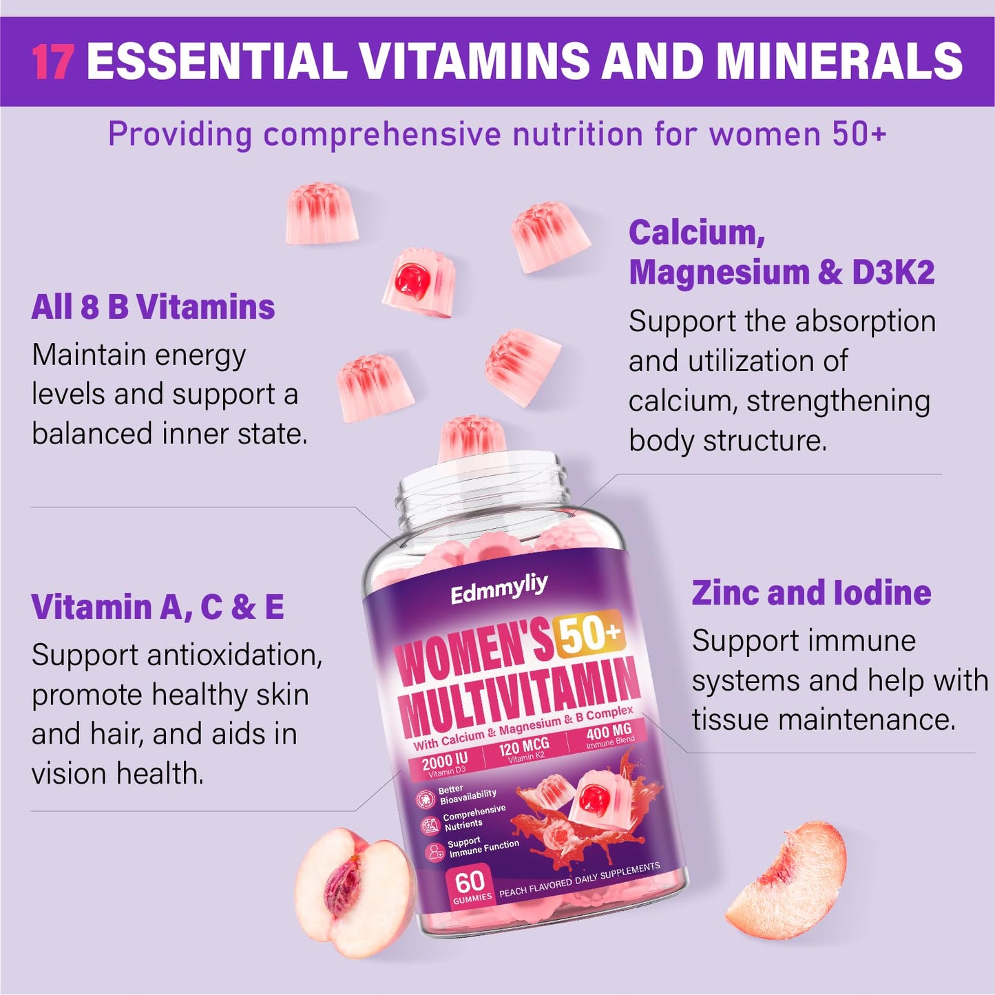 Womens Multivitamin Gummy 50 and Over - Chewable Multi Vitamin A, C, D3, E, K2 & B Complex, Folate, Biotin, Calcium, Magnesium - Support Energy, Immune & Over-All Health