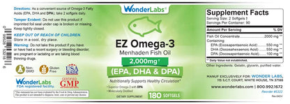 Wonder Laboratories EZ Omega-3 Atlantic Menhaden – 2000 mg, Burpless, USA Made, 180 Softgels