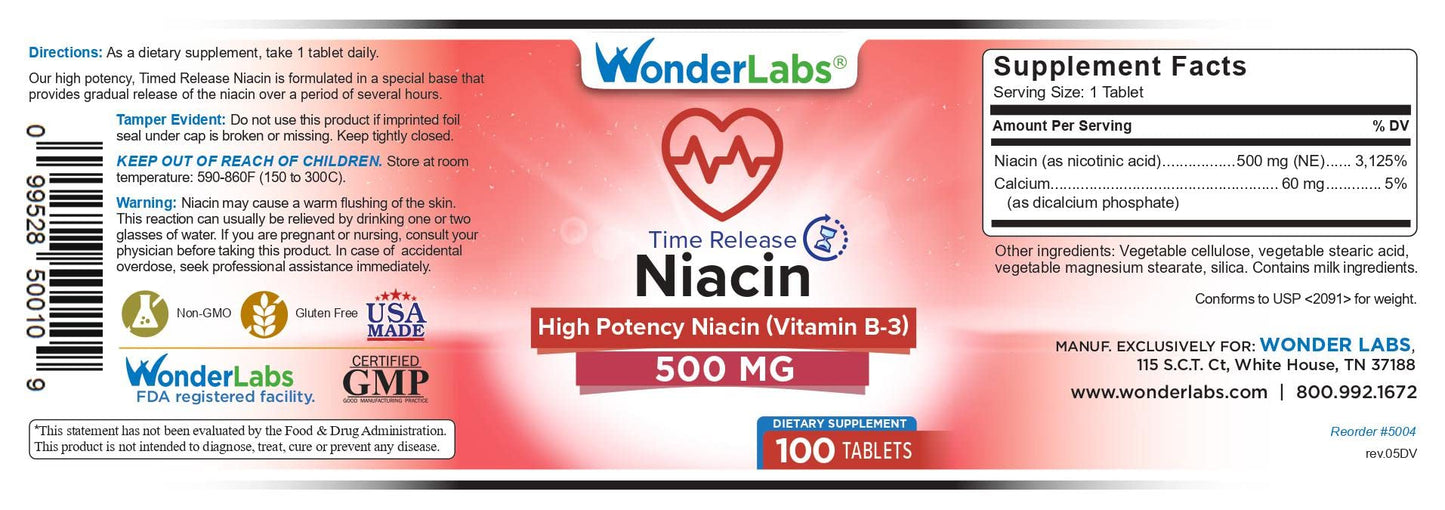 Wonder Laboratories Niacin Time Release 500 mg – 100 Tablets, Non-GMO & Gluten Free