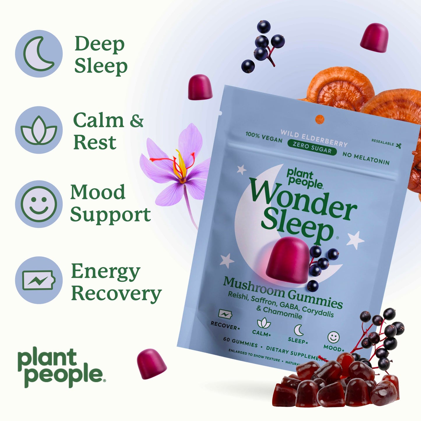 WonderSleep Mushroom Gummies for Sleep & Relaxation – Reishi & Elderberry (60 Count)