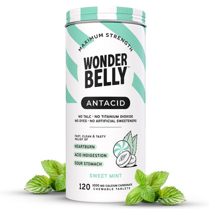 Wonderbelly Antacid - Extra Strength 1000 mg Calcium Carbonate Chewable Tablets, Sweet Mint, 120 Count