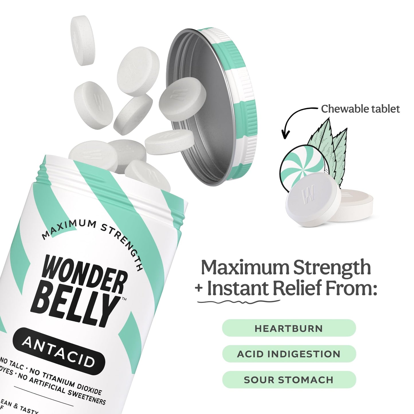 Wonderbelly Antacid - Extra Strength 1000 mg Calcium Carbonate Chewable Tablets, Sweet Mint, 120 Count