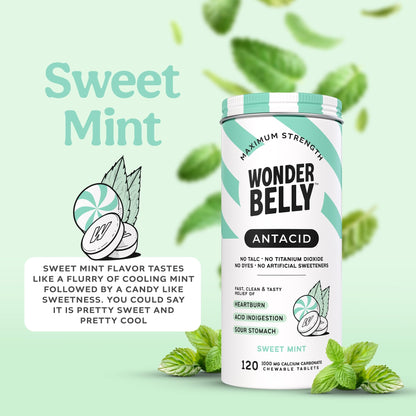 Wonderbelly Antacid - Extra Strength 1000 mg Calcium Carbonate Chewable Tablets, Sweet Mint, 120 Count