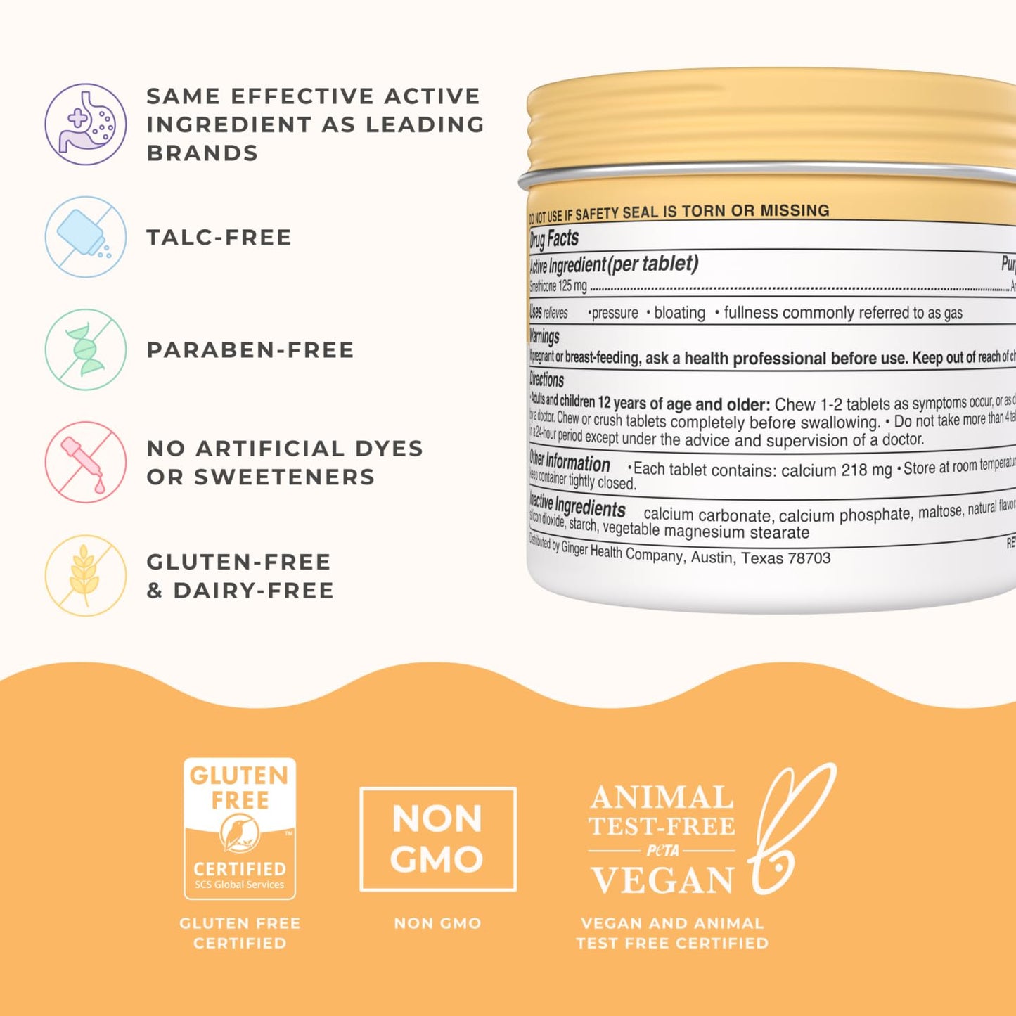 Wonderbelly Bloat + Gas Relief: Extra Strength 125 mg Simethicone Mango Chewables, 42 Count