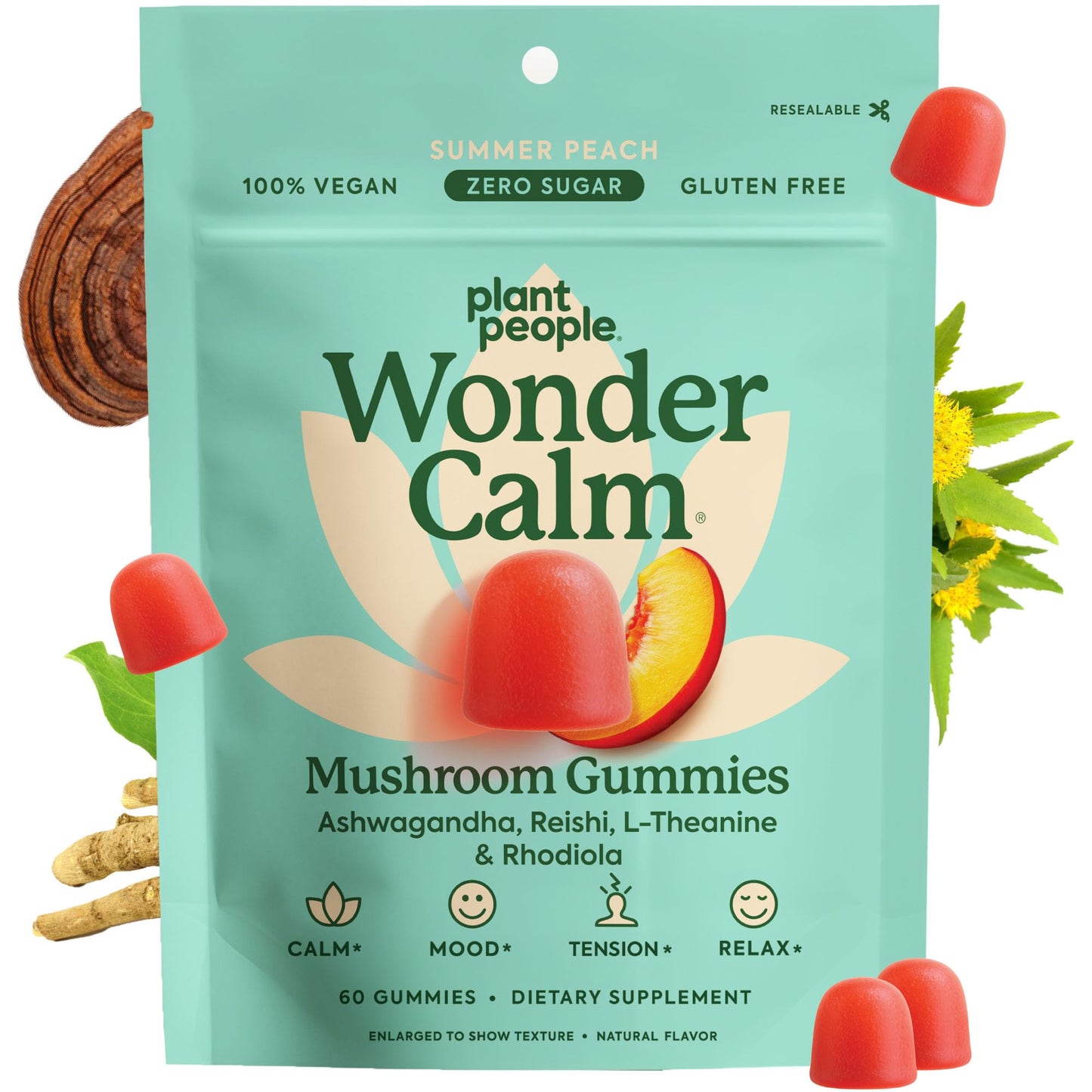 Plant People WonderCalm Mushroom Gummies – Ashwagandha Stress & Mood Support (Peach, 60 Count) – Vegan, Gluten-Free