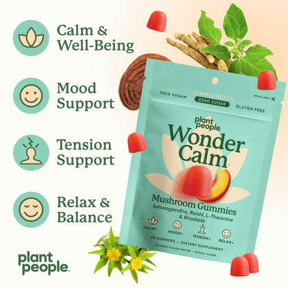 Plant People WonderCalm Mushroom Gummies – Ashwagandha Stress & Mood Support (Peach, 60 Count) – Vegan, Gluten-Free