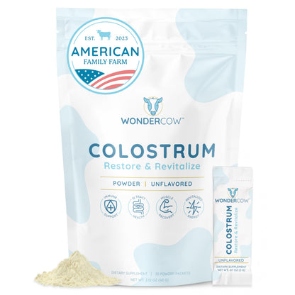 WONDERCOW Colostrum Powder for Gut Health, Immune Support & Recovery | Whole Bovine Colostrum, Unflavored, 30 Servings