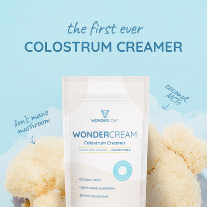 WonderCow Bovine Colostrum Superfood Creamer Powder w/Organic Lions Mane Mushroom & Coconut Milk Powder MCTs | Functional Sugar Free Keto Coffee, Smoothie & Drink Mix Unsweetened