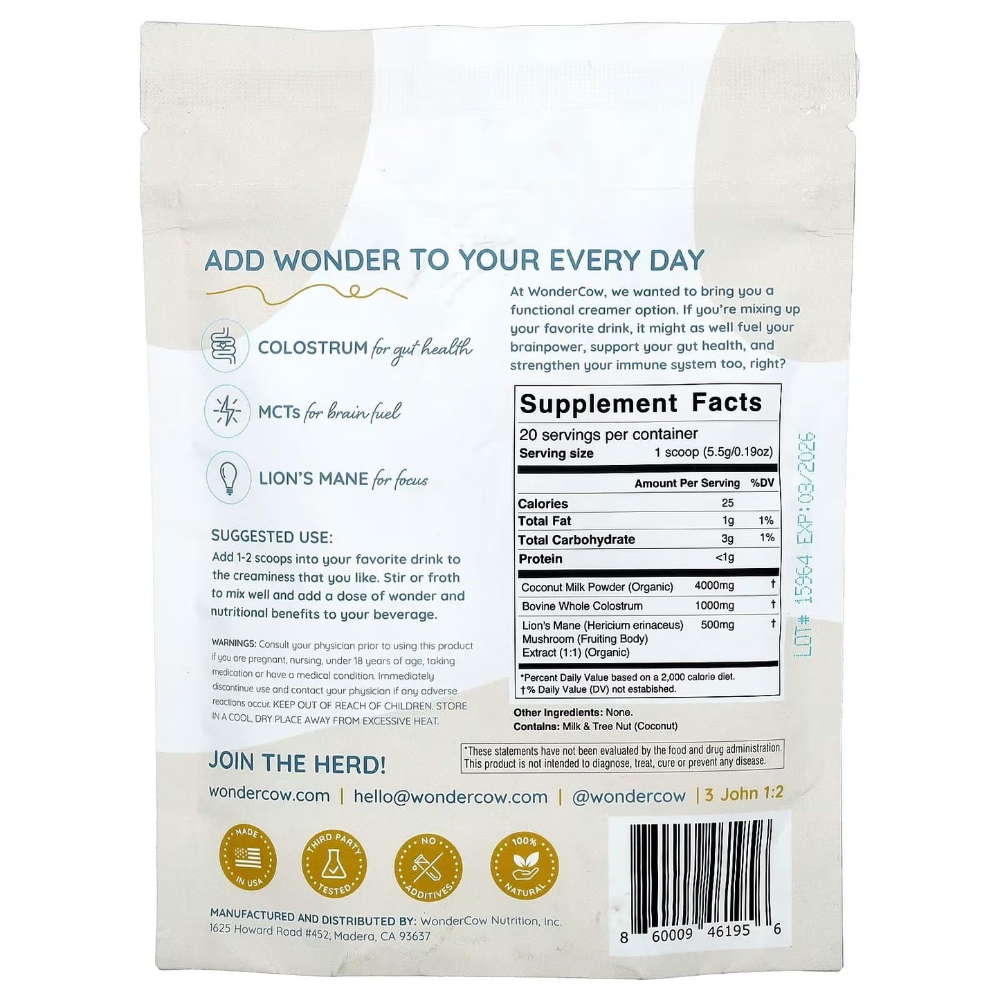 WonderCow Bovine Colostrum Superfood Creamer Powder w/Organic Lions Mane Mushroom & Coconut Milk Powder MCTs | Functional Sugar Free Keto Coffee, Smoothie & Drink Mix Unsweetened