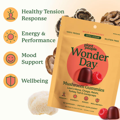 Plant People WonderDay Mushroom Gummies – Lion’s Mane, Cordyceps & Chaga for Immune Support, De-Stress, Mood & Energy (60 Count) | Vegan, Non-GMO