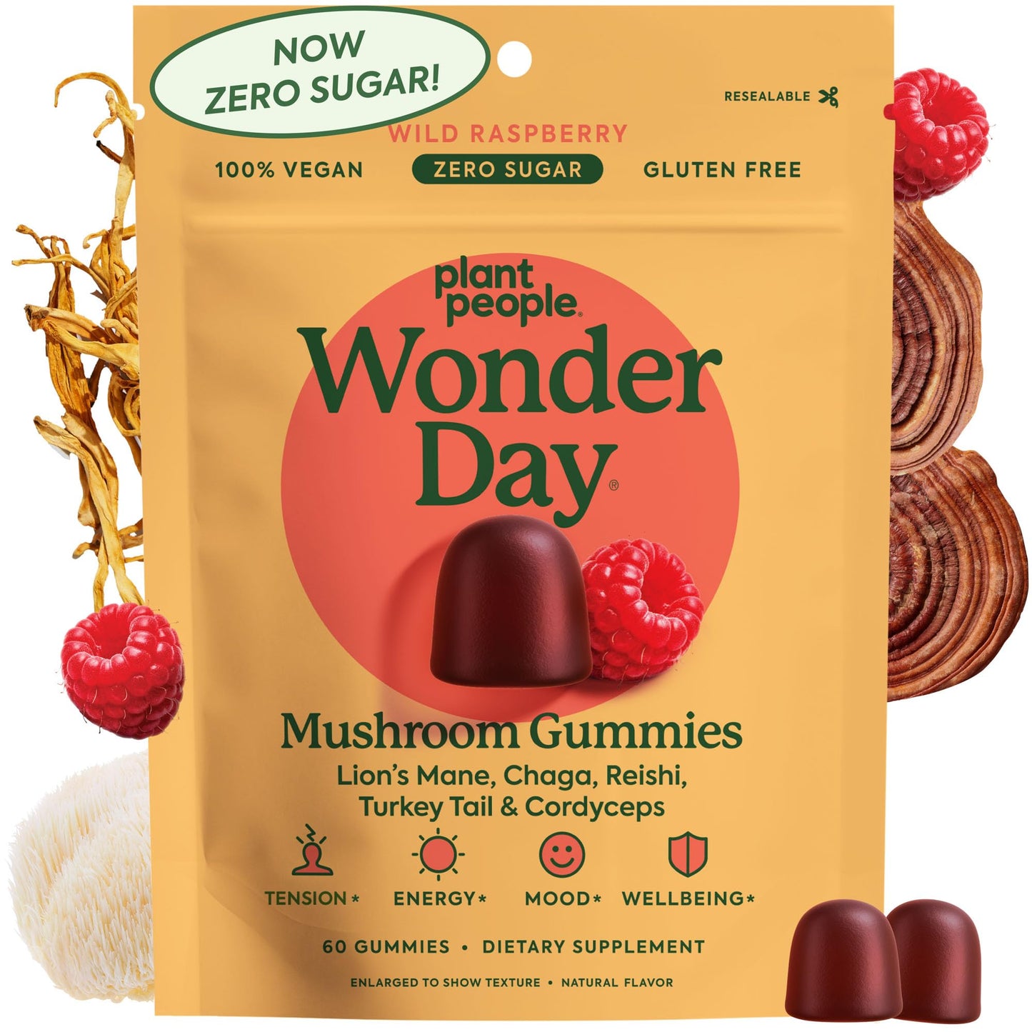 Plant People WonderDay Mushroom Gummies – Lion’s Mane, Cordyceps & Chaga for Immune Support, De-Stress, Mood & Energy (60 Count) | Vegan, Non-GMO