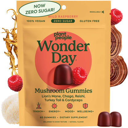 Plant People WonderDay Mushroom Gummies – Lion’s Mane, Cordyceps & Chaga for Immune Support, De-Stress, Mood & Energy (60 Count) | Vegan, Non-GMO