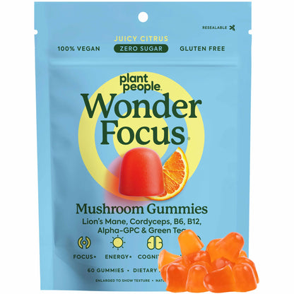 WonderFocus Mushroom Gummies with Lion’s Mane & Cordyceps – Nootropic Brain Support (Vegan, Sugar-Free, Citrus) 60 Count