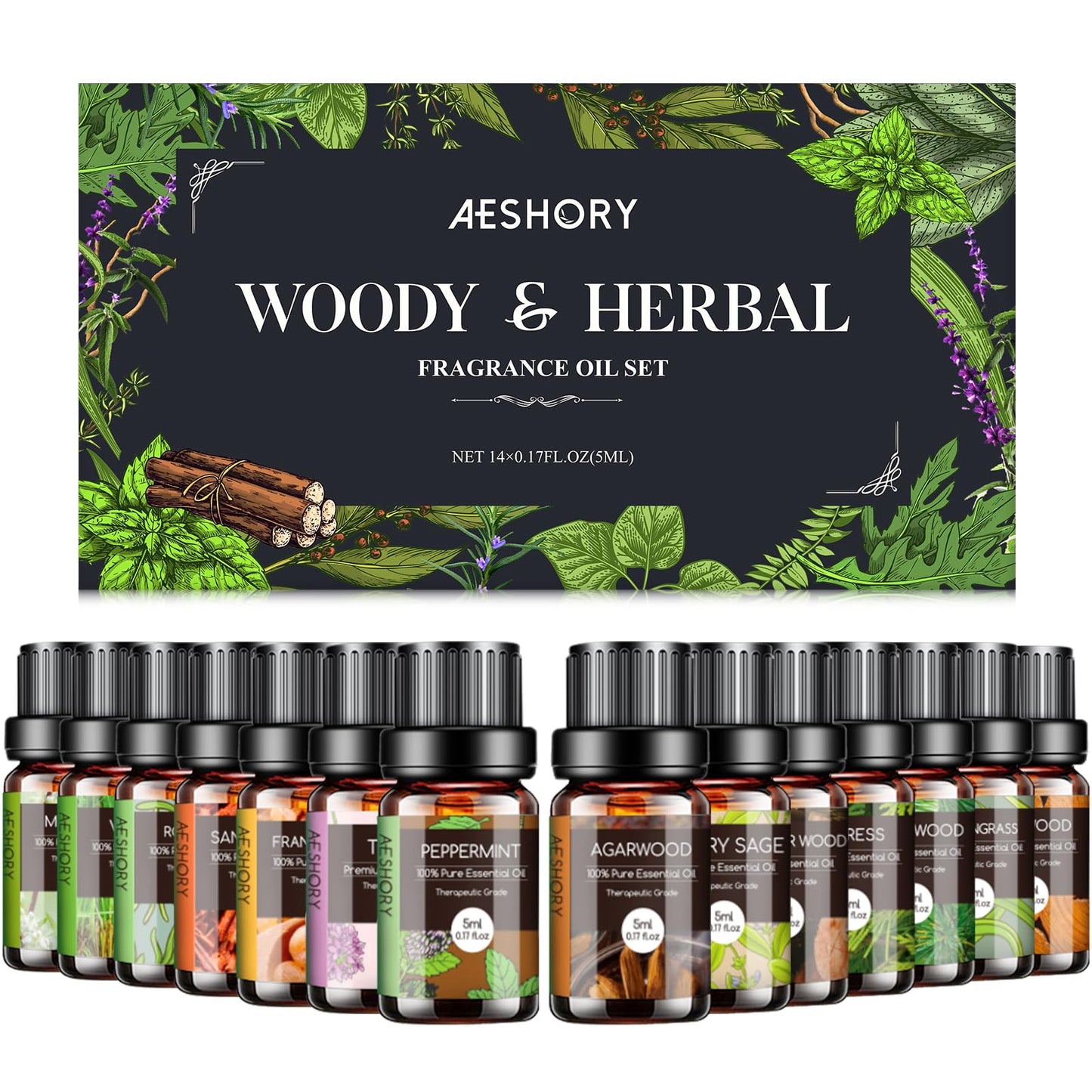 Woody & Herbal Essential Oils Set – 14 Fragrances for Diffusers & DIY Candles (5ml)