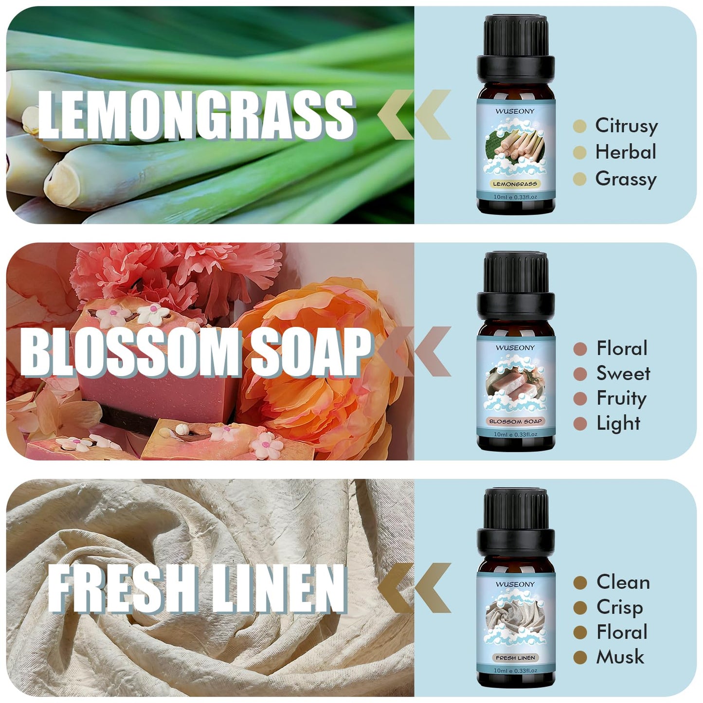 WUSEONY Clean Fragrance Oils Set – Premium Diffuser Essential Oils