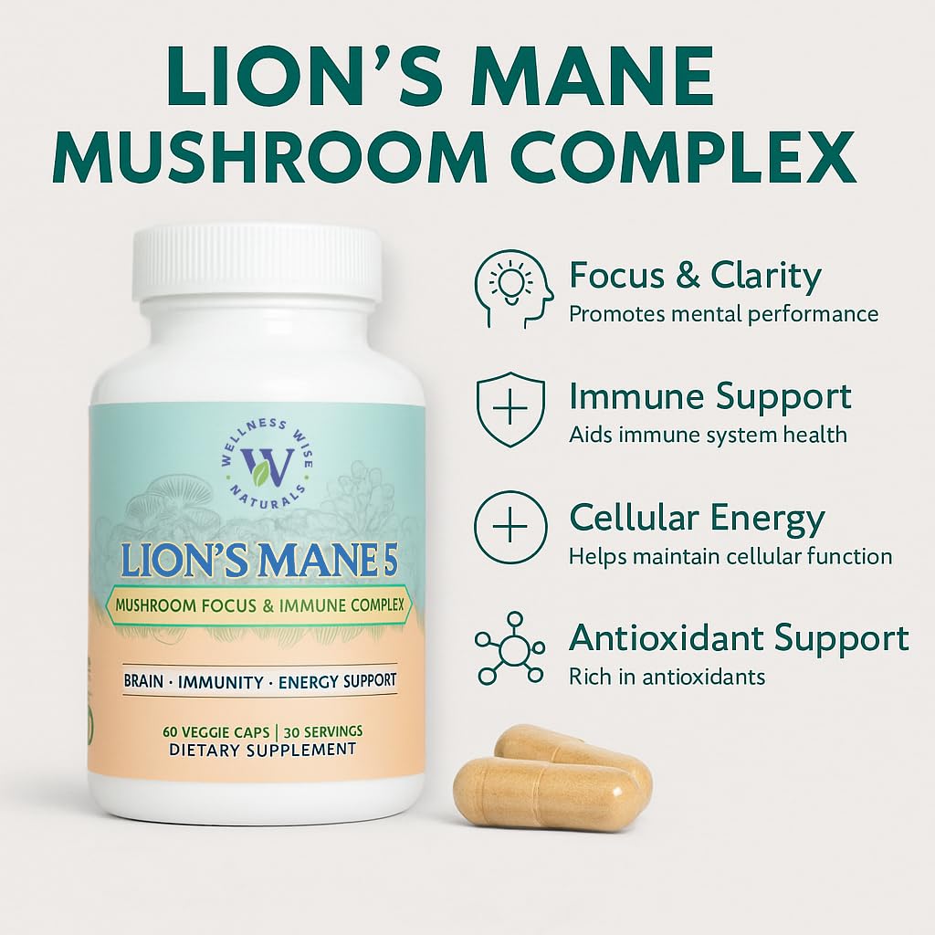 Wellness Wise Naturals Lion's Mane 5-Mushroom Complex – Focus & Immune Support | 60 Count