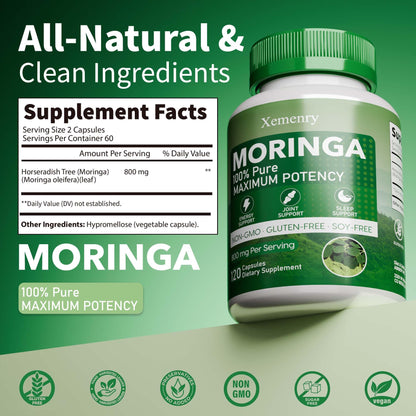 Xemenry Moringa Capsules 800mg | Energy, Immune & Gut Health - 120 Caps