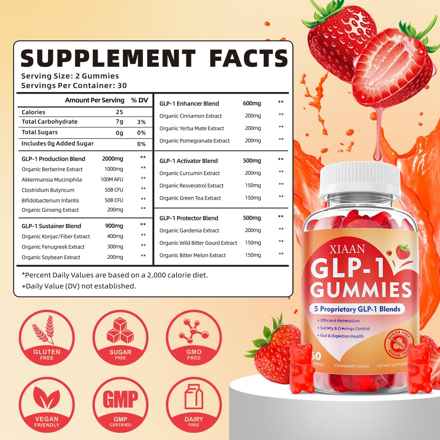 XIAAN GLP-1 Gummies - Natural GLP-1 Supplement with Berberine & Akkermansia Probiotic, Sugar-Free Strawberry 60 Count