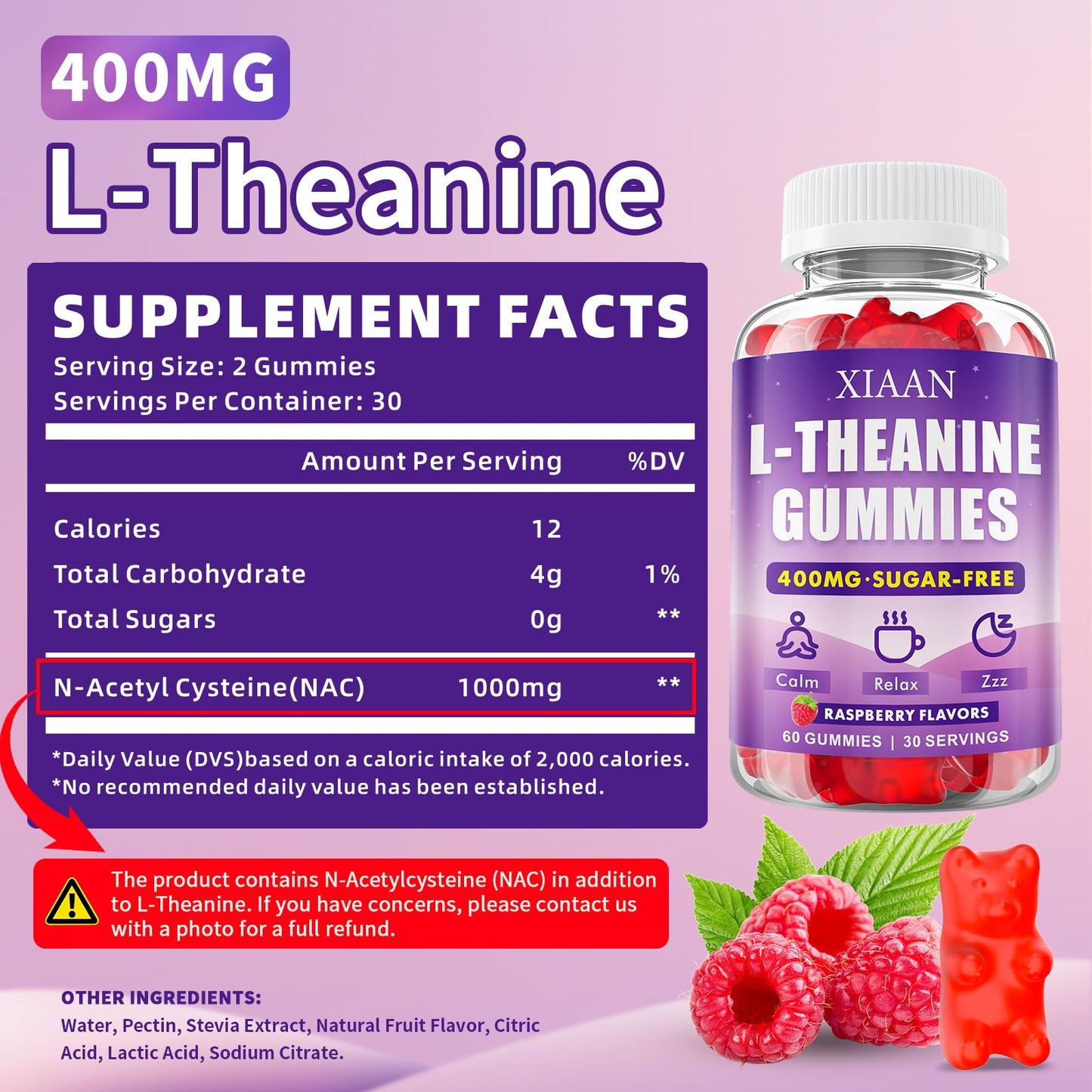 XIAAN L-Theanine Gummies for Kids & Adults – 400mg Chewable L-Theanine, Calm, Zzz & Relaxation, Vegan & Organic Raspberry Flavor, 120 Counts